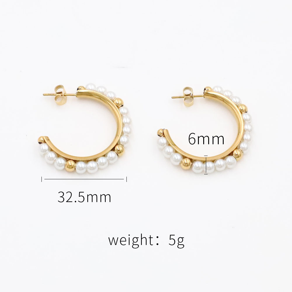 French Luxury Pearl Hoop Earrings - 18K Gold Plated Titanium Steel C-Shape Earrings