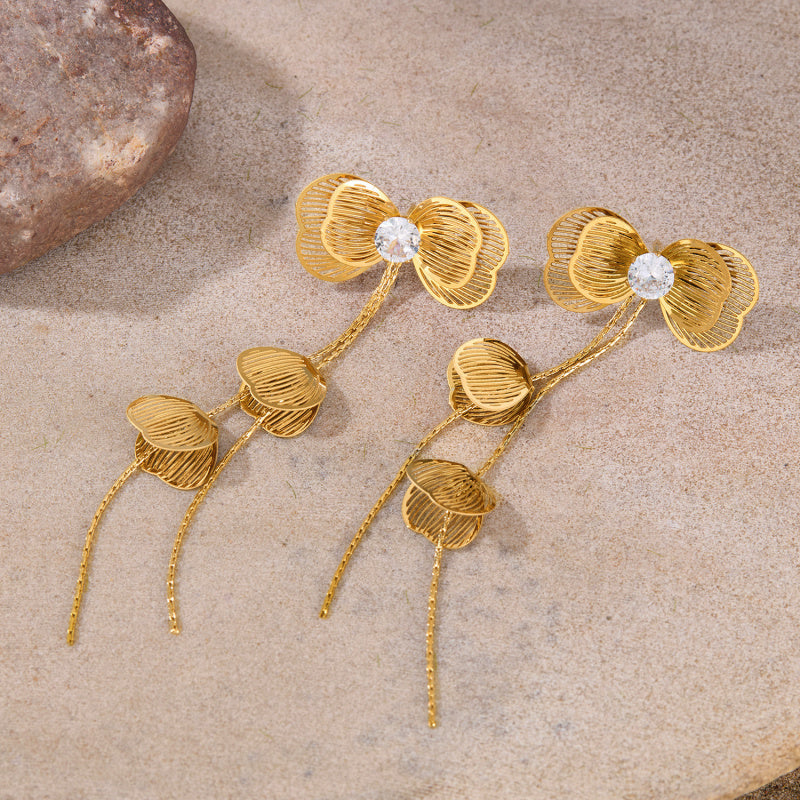 Vintage Luxe Titanium Steel Earrings – Crystal-Embellished Butterfly Dangle Earrings with Tassel
