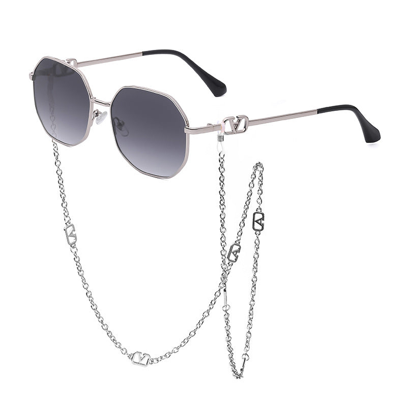 Trendy Internet Celebrity Style Anti-Drop Chain Strap Irregular Polygonal Full Frame Sunglasses