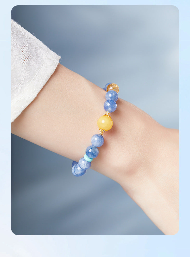 925 Sterling Silver Blue Apatite & Yellow Fluorite Beaded Bracelet for Women | Boho Chic Gemstone Jewelry
