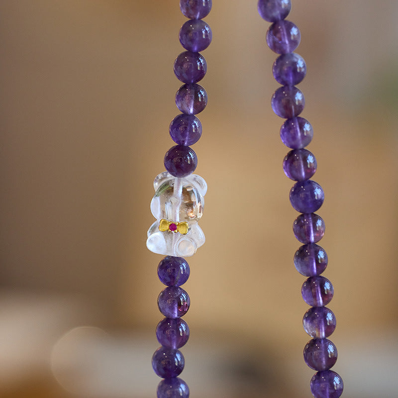 Natural Amethyst Phone Lanyard with Bear Charm – Short Keychain