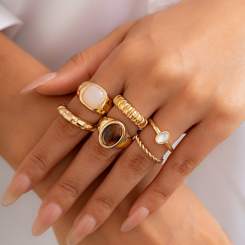 Minimalist Gemstone Rings Set - Irregular Stackable Rings for Women | Edgy Metallic Jewelry | Indie Fashion Accessory