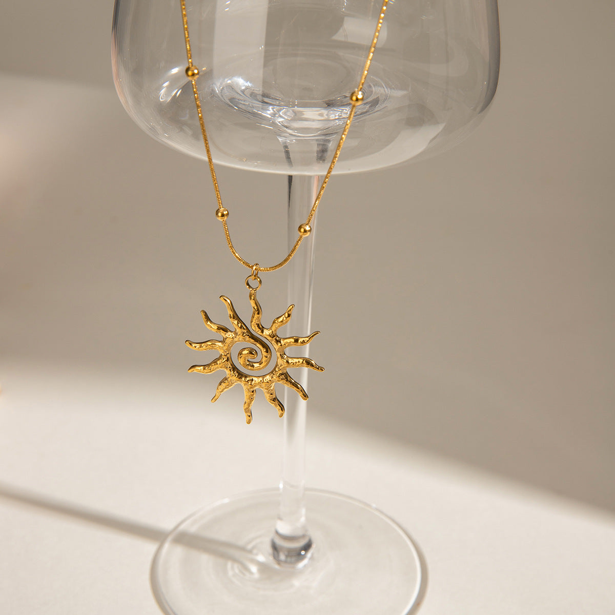 Hammered Spiral Sun Pendant Necklace - Titanium Steel Minimalist Chain