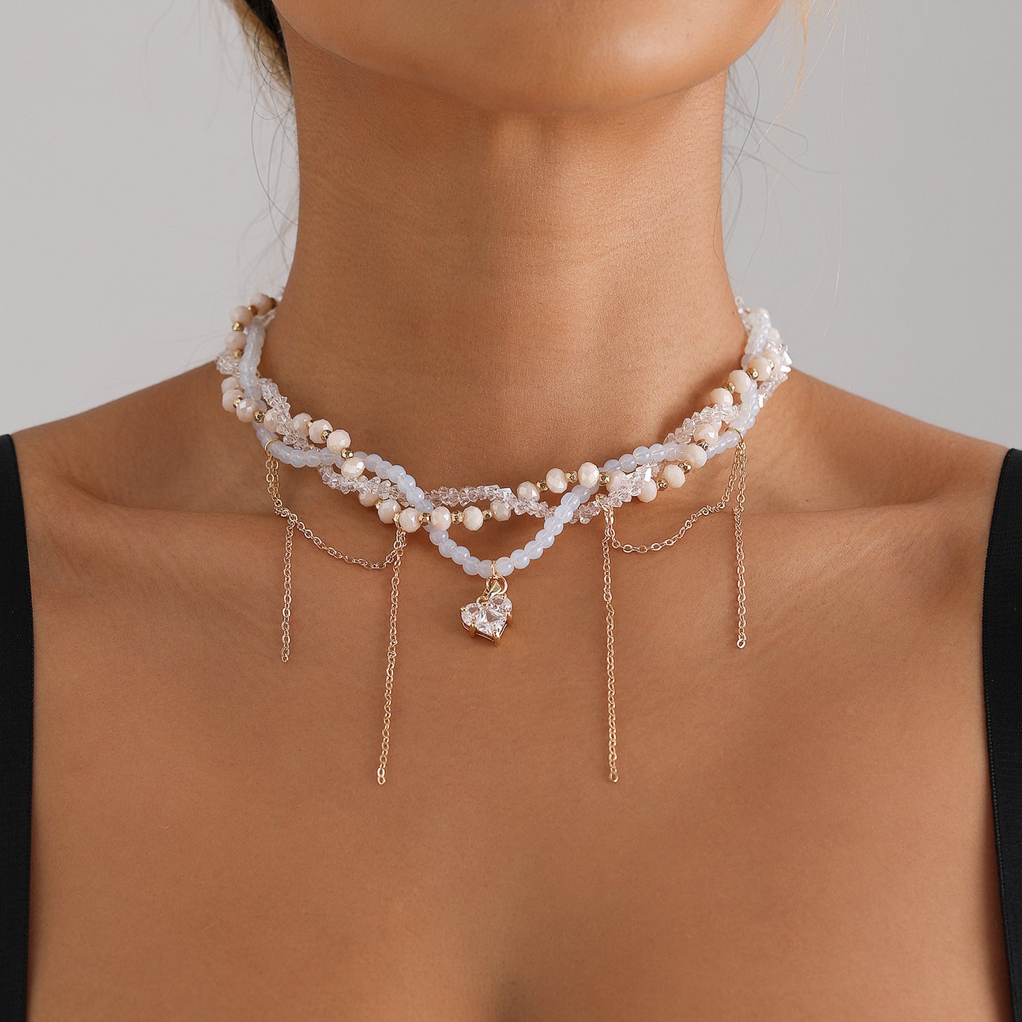 Glass Crystal Heart Pendant Necklace - Multi-Layer Fringe Choker for Women | Luxe Boho Layered Chain