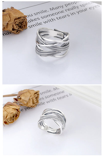 S925 Sterling Silver Ring Classic Feather Line Cross Trendy Adjustable
