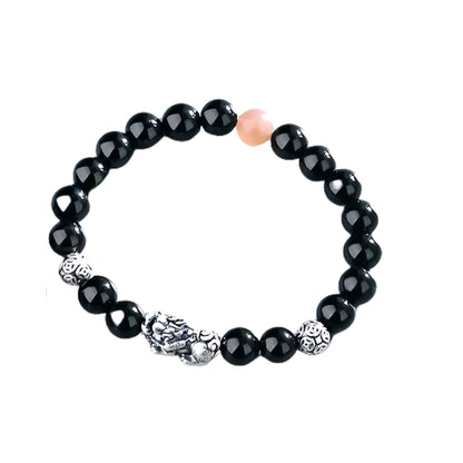 Pure Silver999Vintage Men's Accessories3D Hard Pixiu Bracelet Obsidian Bead Bracelet for Women520Valentine's Day gift for girlfriend