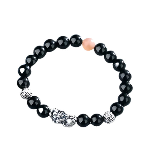 Pure Silver999Vintage Men's Accessories3D Hard Pixiu Bracelet Obsidian Bead Bracelet for Women520Valentine's Day gift for girlfriend