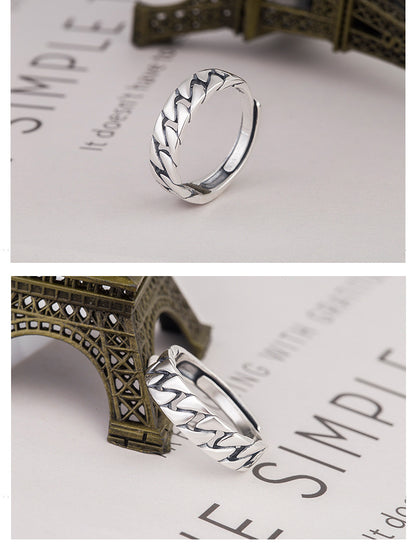 S925 Sterling Silver Korean Style Crossover Ring - Minimalist Lock Chain Square Band | Adjustable Open Stackable Ring for Women