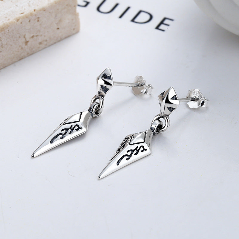 S925 Sterling Silver Earrings Diamond-Shaped Exquisite Pattern Rock Style Unisex Ear Studs