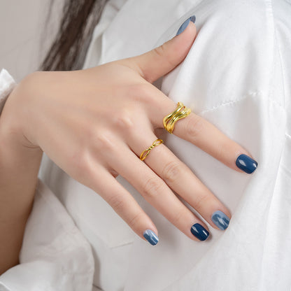 Irregular Wave Silver Ring for Women S925 Sterling Silver Versatile Double Layer Hollow Fashion Adjustable Ring