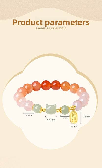 Red Agate & Hetian Jade Cat Bracelet - 925 Sterling Silver Chinese Style Jewelry | Unique Valentine's Gift for Women