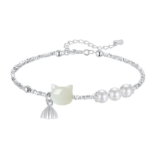 Natural Hetian Jade Cat Bracelet for Women | Sterling Silver Beaded Zen Minimalist Jewelry | Unique Dainty Gift for Her