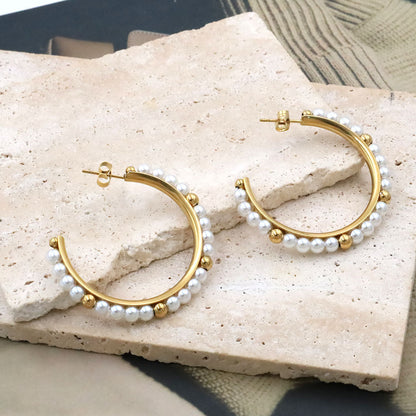 French Luxury Pearl Hoop Earrings - 18K Gold Plated Titanium Steel C-Shape Earrings