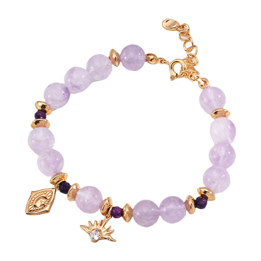 S925 Silver Lavender Amethyst Natural Round Bead Zircon Crystal Bracelet Adjustable Bracelet