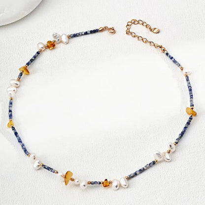 Fashion Pearl Blue Spotted Stone and Honey Amber Bracelet S925 Silver Necklace Silver Bracelet