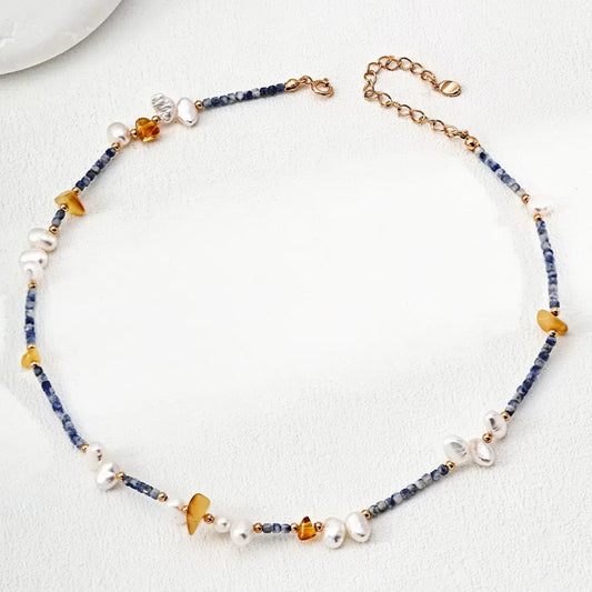 Fashion Pearl Blue Spotted Stone and Honey Amber Bracelet S925 Silver Necklace Silver Bracelet