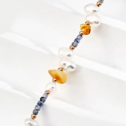 Fashion Pearl Blue Spotted Stone and Honey Amber Bracelet S925 Silver Necklace Silver Bracelet
