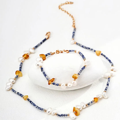 Fashion Pearl Blue Spotted Stone and Honey Amber Bracelet S925 Silver Necklace Silver Bracelet