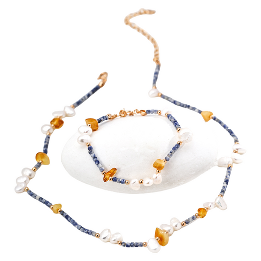 Fashion Pearl Blue Spotted Stone and Honey Amber Bracelet S925 Silver Necklace Silver Bracelet
