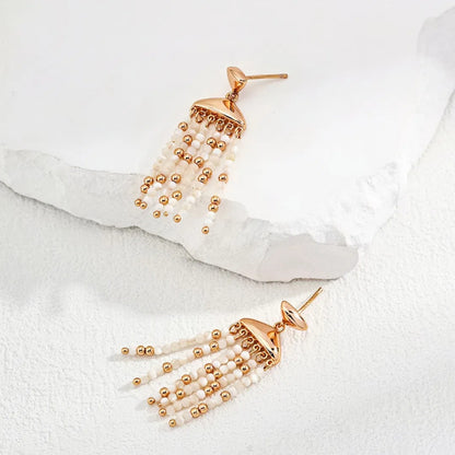 Fashion Shell Beaded Tassel Sterling Silver Earrings