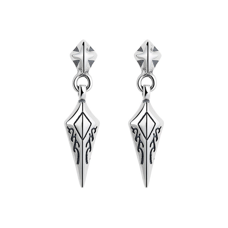 S925 Sterling Silver Earrings Diamond-Shaped Exquisite Pattern Rock Style Unisex Ear Studs
