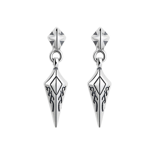 S925 Sterling Silver Earrings Diamond-Shaped Exquisite Pattern Rock Style Unisex Ear Studs