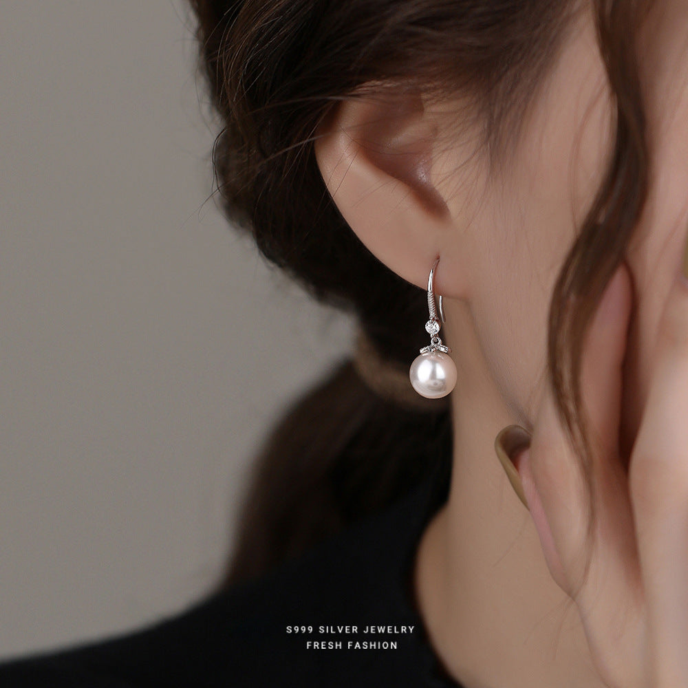 S999 Sterling Silver Imitation Pearl Inlaid with Shiny Zircon Ear Hook Earrings