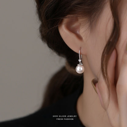 S999 Sterling Silver Imitation Pearl Inlaid with Shiny Zircon Ear Hook Earrings