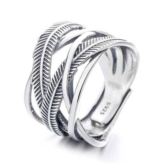 S925 Sterling Silver Ring Classic Feather Line Cross Trendy Adjustable