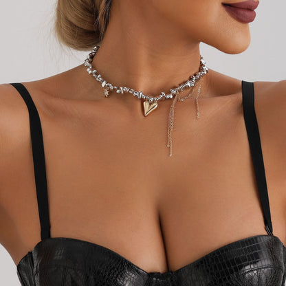 Heart Fringe Pendant Necklace - Asymmetric Beaded Choker Chain | Y2K Dainty Layered Jewelry for Women