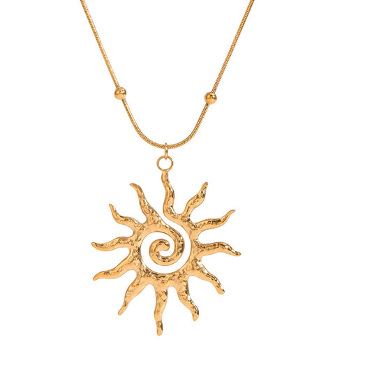 Hammered Spiral Sun Pendant Necklace - Titanium Steel Minimalist Chain