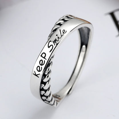 Keep Smile Words Print Cross-over S925 Sterling Silver Ring Fashion Personality INS Style