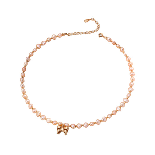 Natural Pearl Necklace with Sterling Silver Bow Pendant - Dainty & Elegant Jewelry Gift