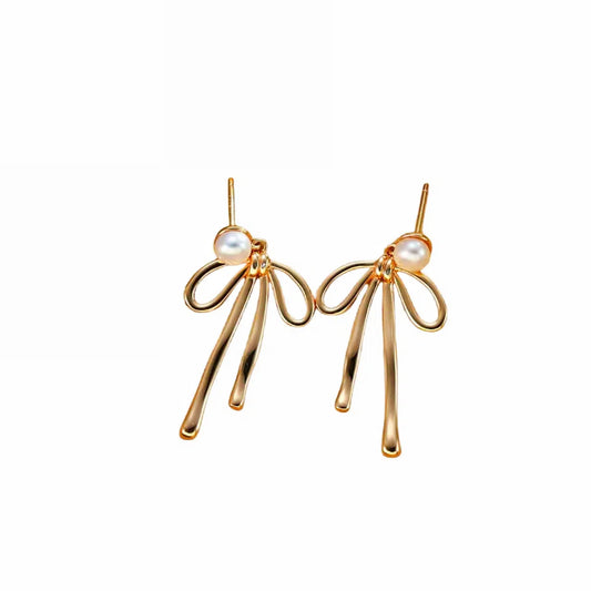 Vintage Gold Bow Pearl Earrings in 925 Sterling Silver - Timeless Retro Elegance