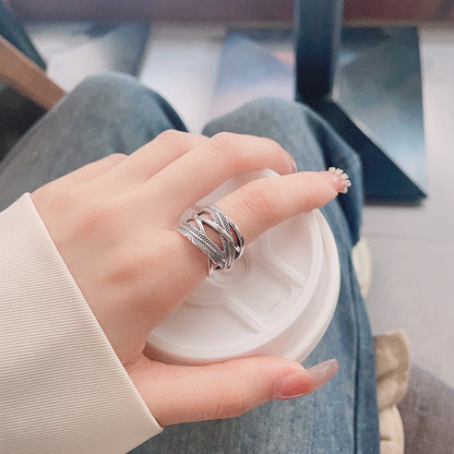 S925 Sterling Silver Ring Classic Feather Line Cross Trendy Adjustable