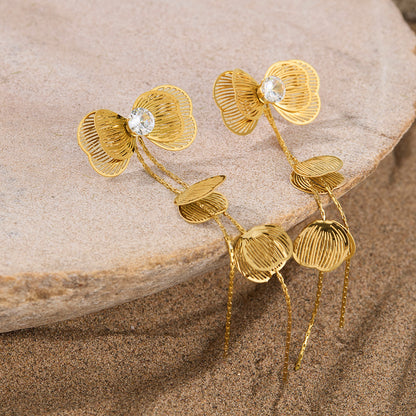 Vintage Luxe Titanium Steel Earrings – Crystal-Embellished Butterfly Dangle Earrings with Tassel