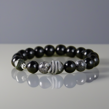 S925 Sterling Silver Black Obsidian & Tourmalinated Quartz Snake Year Bracelet | Yin Yang Protection Jewelry | Zen Buddhist Style Gift for Him