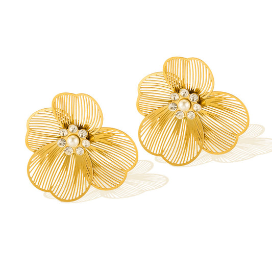 French Vintage Pearl Earrings - Minimalist Flower Studs with Zircon | Titanium Steel Ins Jewelry