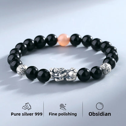Pure Silver999Vintage Men's Accessories3D Hard Pixiu Bracelet Obsidian Bead Bracelet for Women520Valentine's Day gift for girlfriend