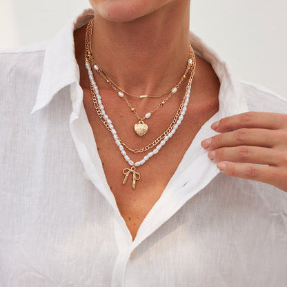 Layered Cross Pendant Necklace - Long Love Knot & Bow Choker for Women | Dainty Layering Chains