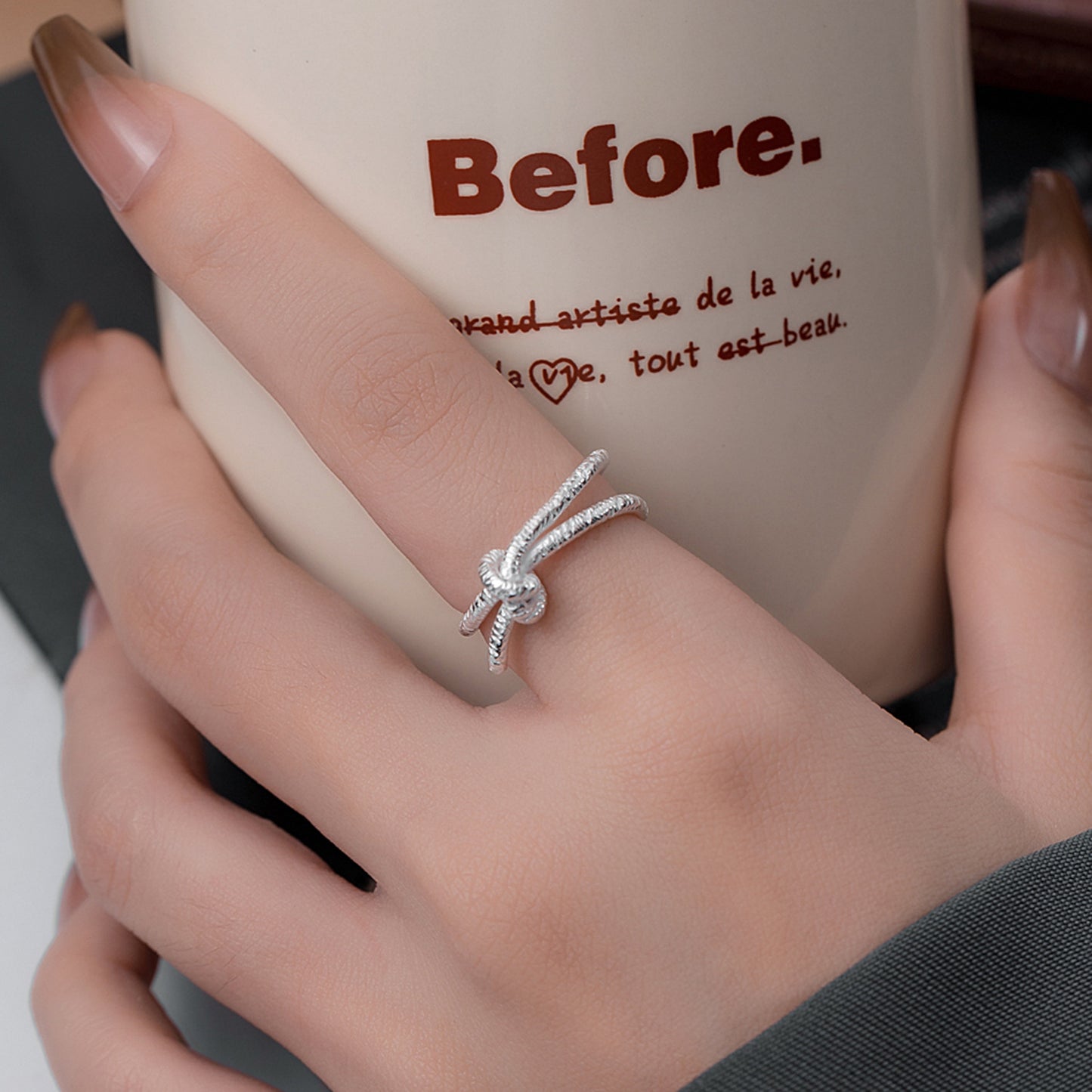 Irregular Creative Line Knotted Ring S925 Sterling Silver Ring Personality Bends and Hitches Lines Open Ring