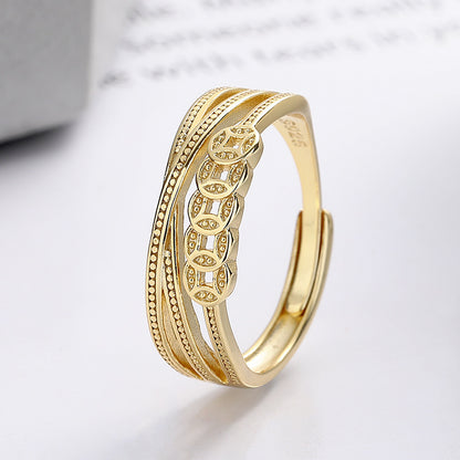 S925 Sterling Silver Ring Copper Coin Pattern Ring Vintage Oxidized Ethnic Style Multi-layer Wrapped