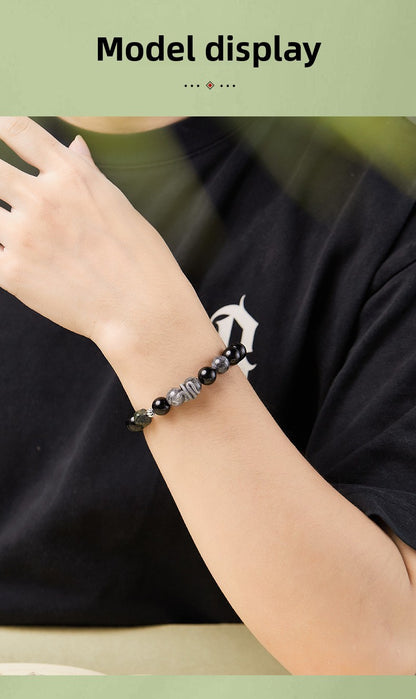 S925 Sterling Silver Black Obsidian & Tourmalinated Quartz Snake Year Bracelet | Yin Yang Protection Jewelry | Zen Buddhist Style Gift for Him
