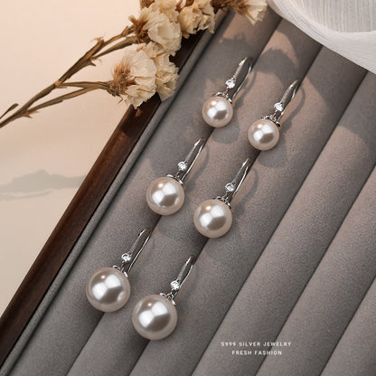 S999 Sterling Silver Imitation Pearl Inlaid with Shiny Zircon Ear Hook Earrings