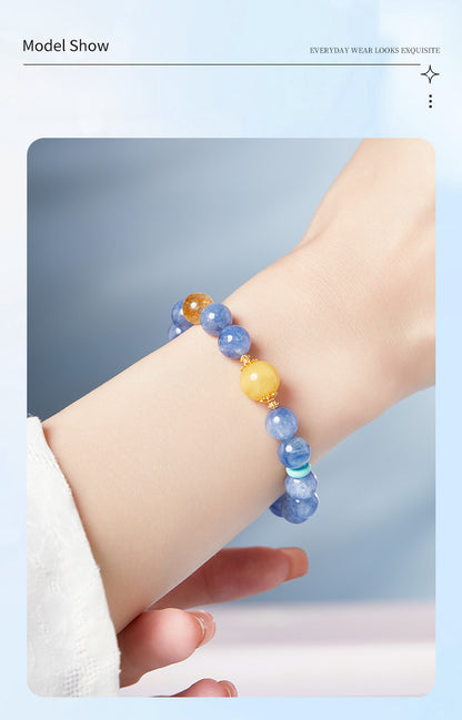 925 Sterling Silver Blue Apatite & Yellow Fluorite Beaded Bracelet for Women | Boho Chic Gemstone Jewelry