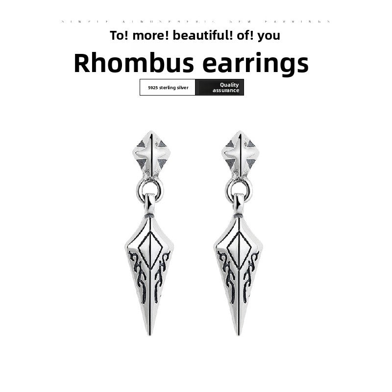 S925 Sterling Silver Earrings Diamond-Shaped Exquisite Pattern Rock Style Unisex Ear Studs