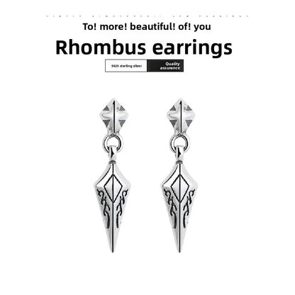 S925 Sterling Silver Earrings Diamond-Shaped Exquisite Pattern Rock Style Unisex Ear Studs