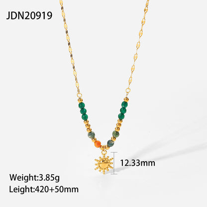 Boho Sun Pendant Stainless Steel Necklace with Natural Stone Vintage French Inspired Jewelry