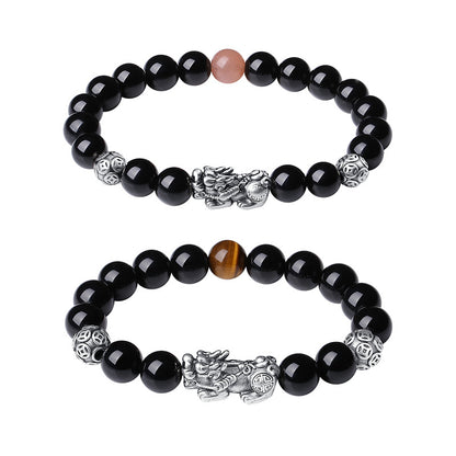 Pure Silver999Vintage Men's Accessories3D Hard Pixiu Bracelet Obsidian Bead Bracelet for Women520Valentine's Day gift for girlfriend