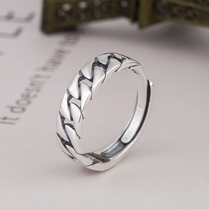 S925 Sterling Silver Korean Style Crossover Ring - Minimalist Lock Chain Square Band | Adjustable Open Stackable Ring for Women
